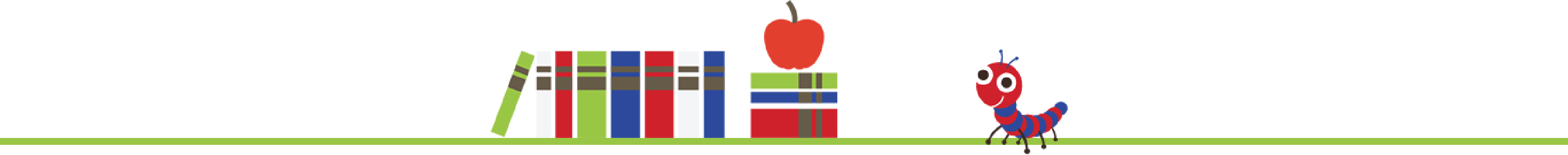 blue and red worm walking on a green line holding a stack of books and an apple
